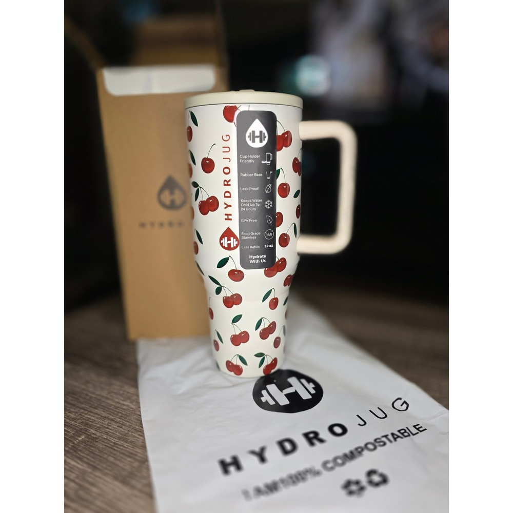 HydroJug Traveler 32oz Tumbler Cherries Insulated Stainless Steel Cup Handle